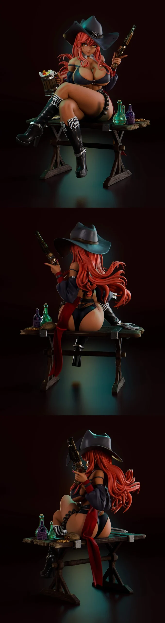 Volume from Goddess of Victory: Nikke seated with a rifle on a rustic bench