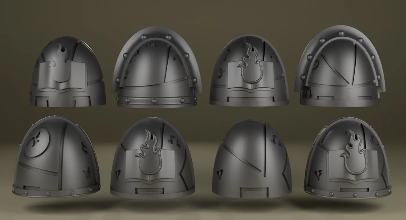 Chaos shoulder pauldrons with rivets, panel lines, and raised emblems