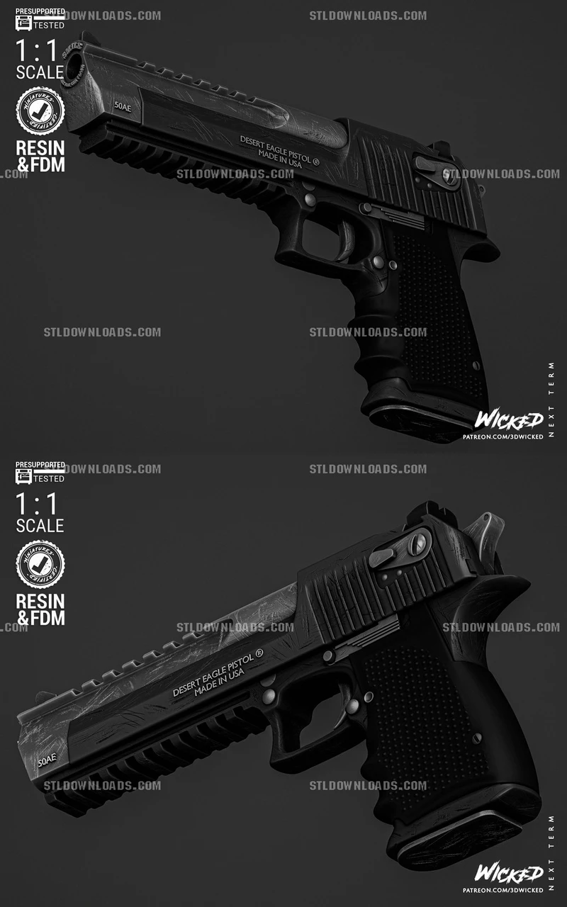 Black Deadpool Desert Eagle 3D printed prop replica with rails and textured grip