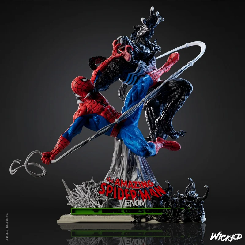 Venom and Spider-Man Marvel diorama with web lines and a display base