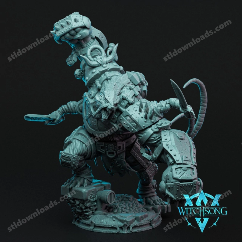 Armored wererat fantasy creature miniature with weapons and a curled tail