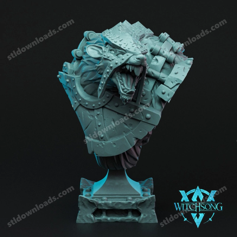 Original fantasy wererat bust with sharp teeth, armor, and display base