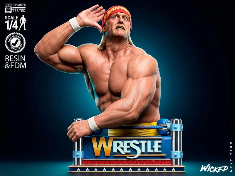 Hulk Hogan WWE 3D display bust in a wrestling pose with a red-and-yellow bandana