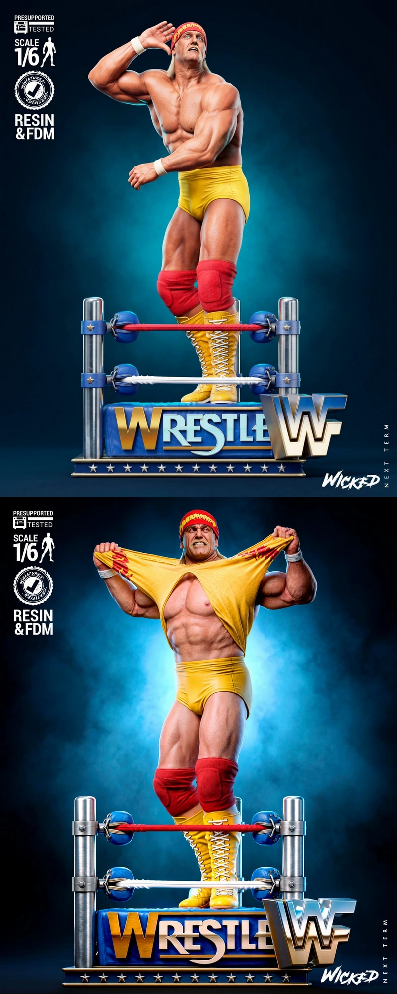Hulk Hogan WWE sculpture in a wrestling ring with yellow trunks and red knee pads