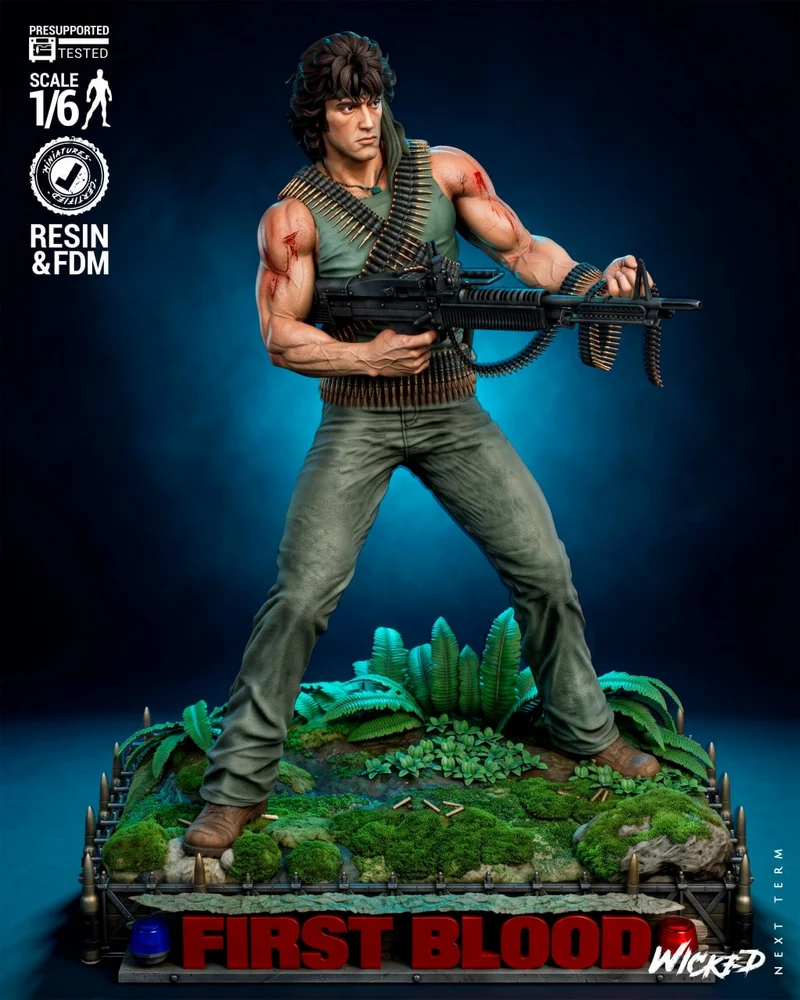Rambo 1/6 scale figure with rifle on a jungle-themed First Blood base