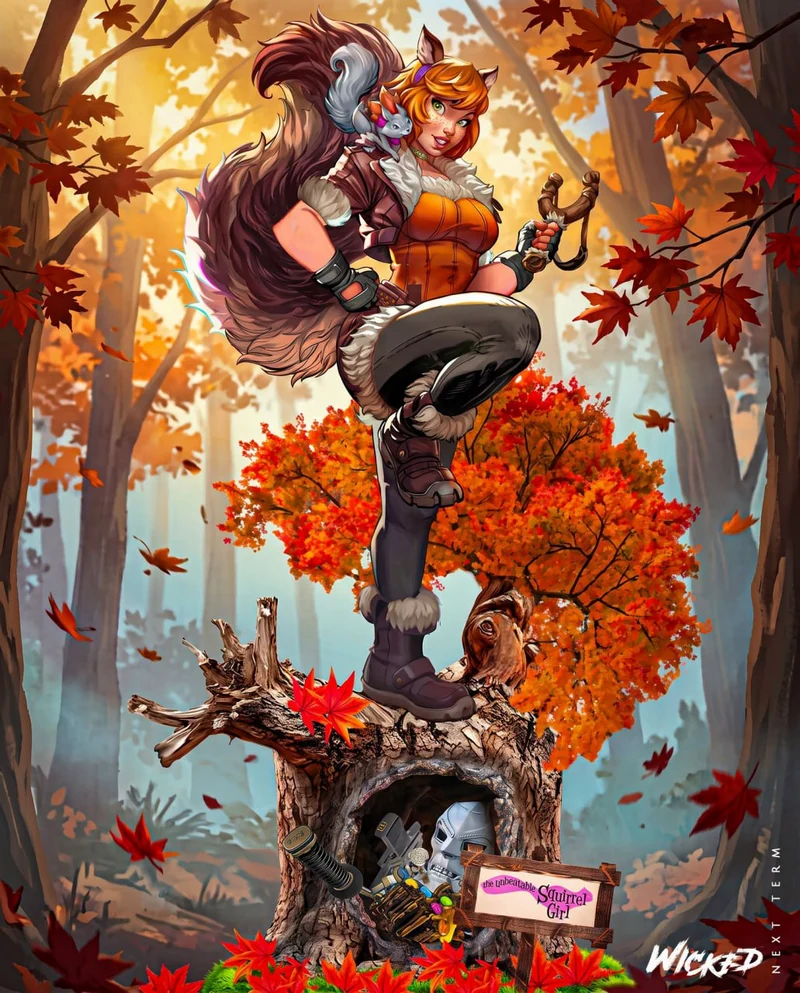 Squirrel Girl fan-art figure with a squirrel companion in an autumn forest