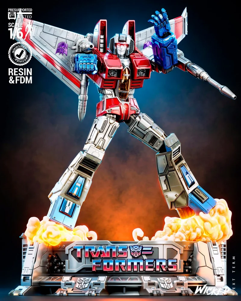 Starscream Transformers robot sculpture with wings, Decepticon symbols, smoke base, and display plaque