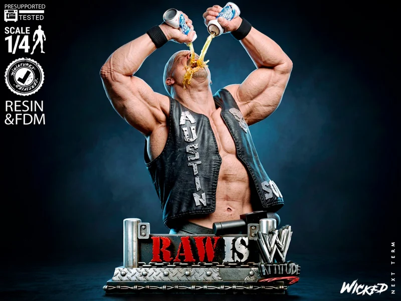 Steve Austin WWE bust raising cans above a RAW IS WAR and WWE display base
