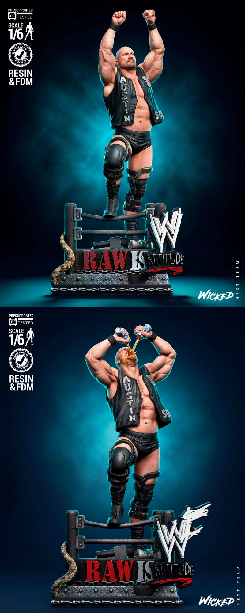 Steve Austin sculpture with raised fists on a WWE wrestling ring base