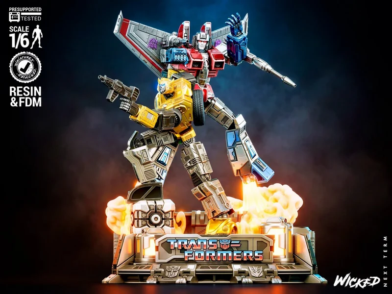 Transformers robot diorama with two detailed figures on a branded mechanical base