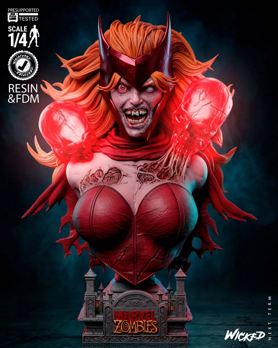 Wicked Wanda zombie portrait bust with horns, red hair, fangs, and skull-like forms