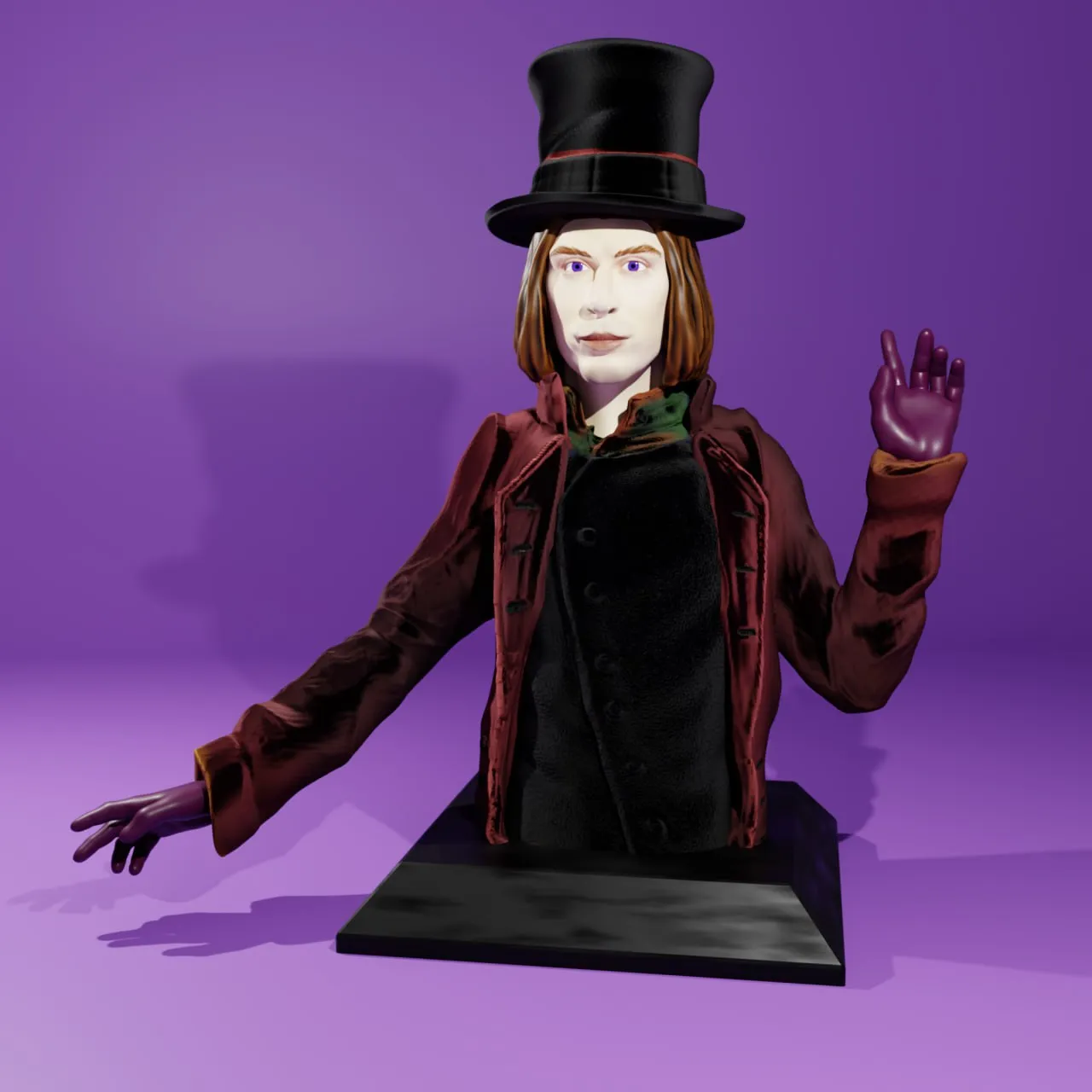 Stylized Willy Wonka bust wearing a top hat on a black display base
