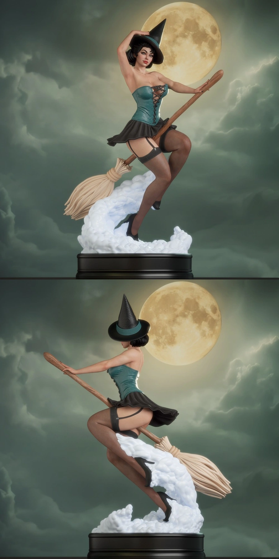 Witch pin-up figurine riding a broom above a cloud base