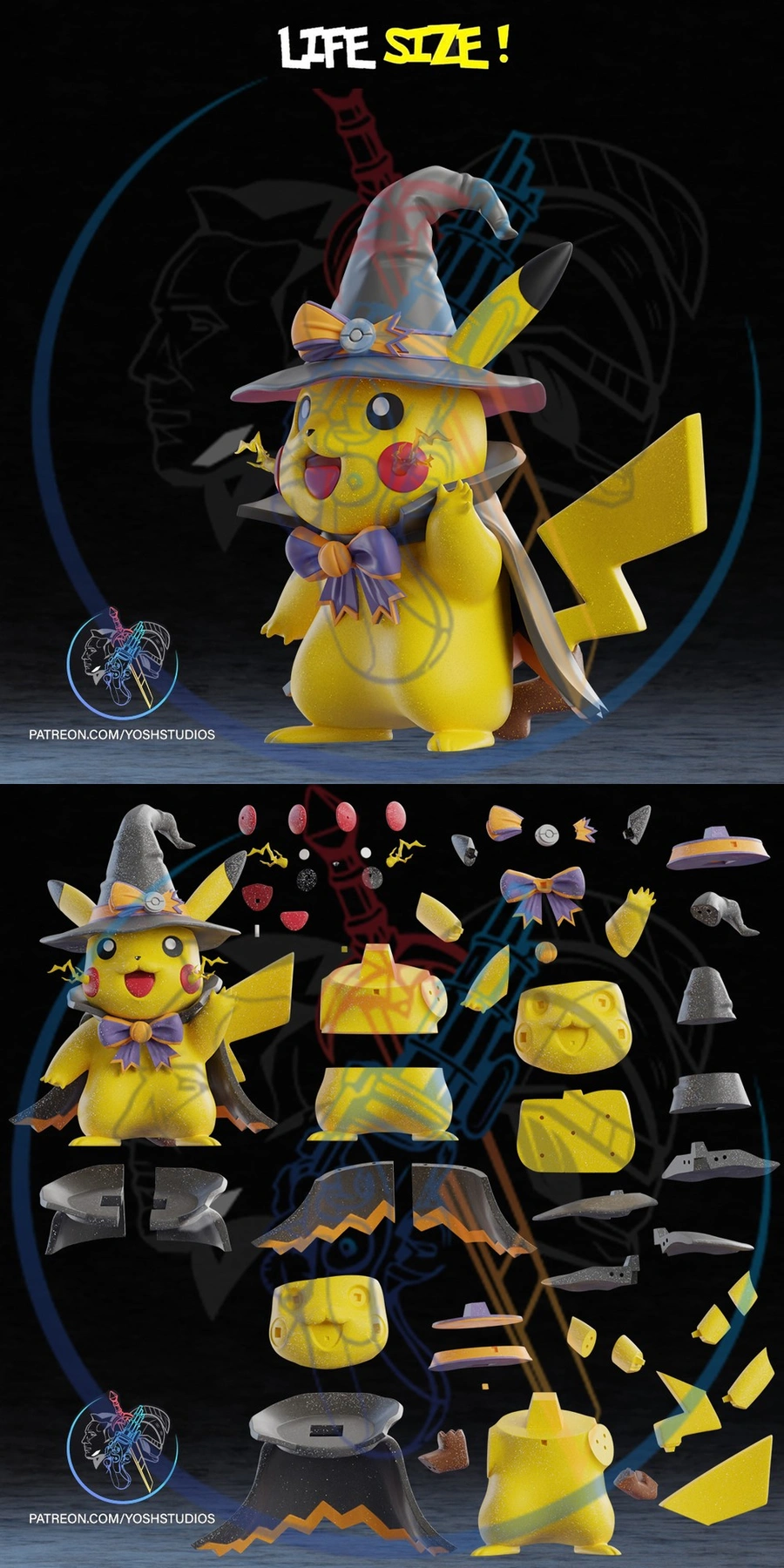 Wizard Pikachu statue wearing a pointed hat, bow tie, cape, and lightning-shaped tail