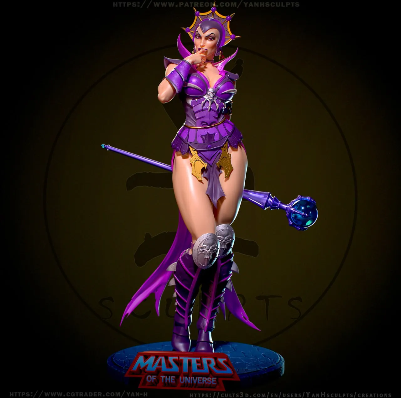 Evil-Lyn Masters of the Universe purple-armored character statue with staff