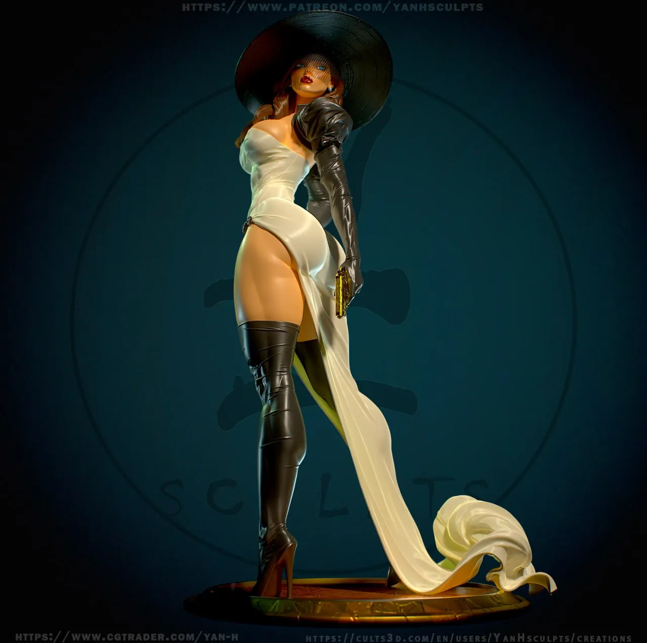 Madame Mirage Invincible figure in a wide hat, white dress, gloves, boots, and flowing train