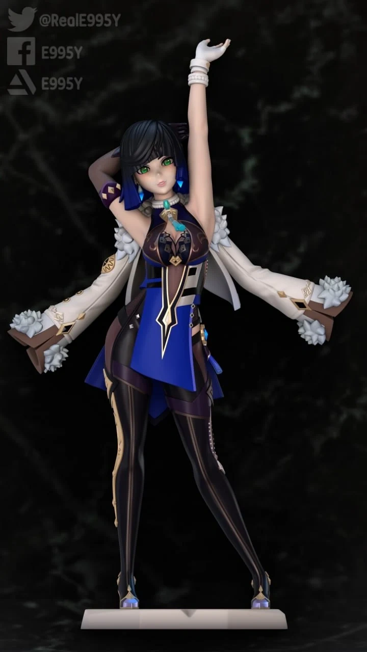 Yelan Genshin Impact figure in a blue and black outfit with raised arm