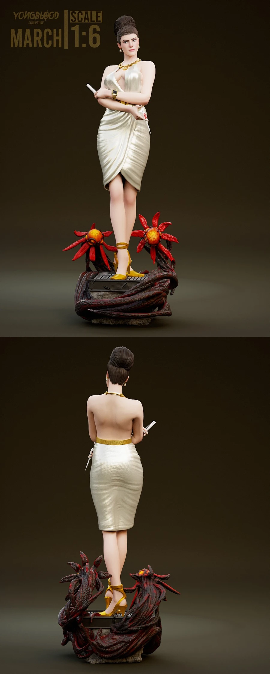 Excella Gionne Resident Evil 5 figure in a white dress on a creature-themed base