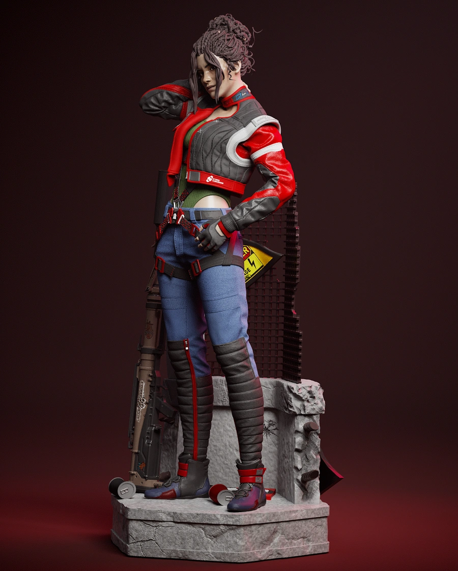 Full-body Panam Palmer Cyberpunk 2077 figure on a stone-style pedestal