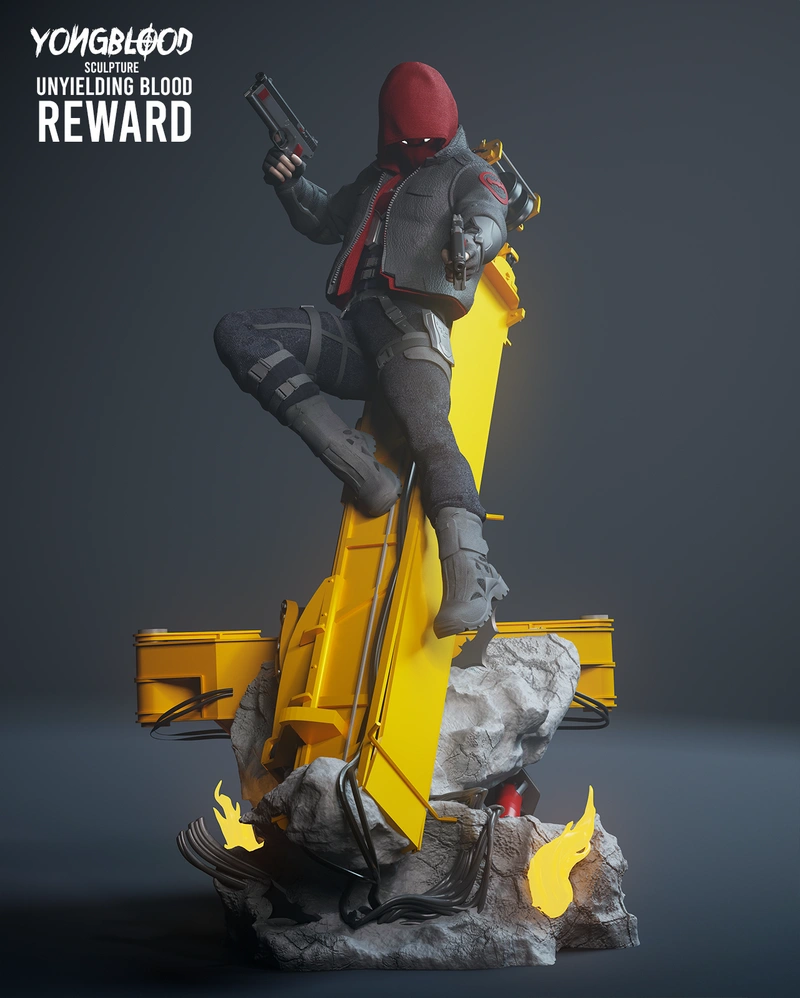 Red Hood in a red hood and tactical outfit posed on a yellow industrial display base