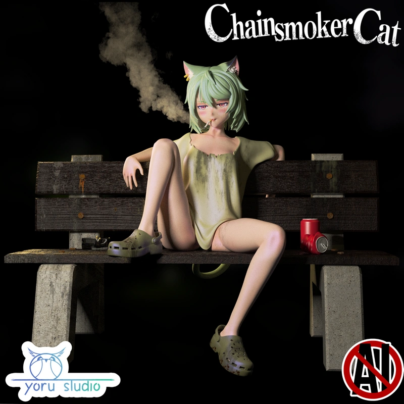 Seated green-haired catgirl figure with feline ears, cigarette, smoke, and tail