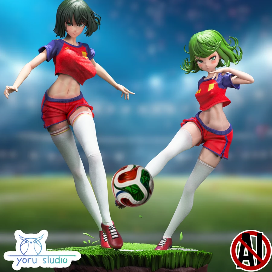 Tatsumaki and Fubuki One-Punch Man figures in soccer outfits with a ball