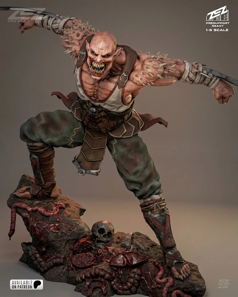 Baraka from Mortal Kombat posed on a detailed rocky display base