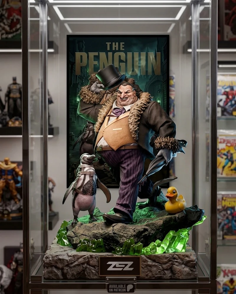 Penguin DC Comics character statue with top hat, umbrella and rocky display base