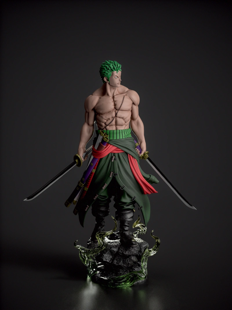Roronoa Zoro One Piece statue with three swords on a rocky base
