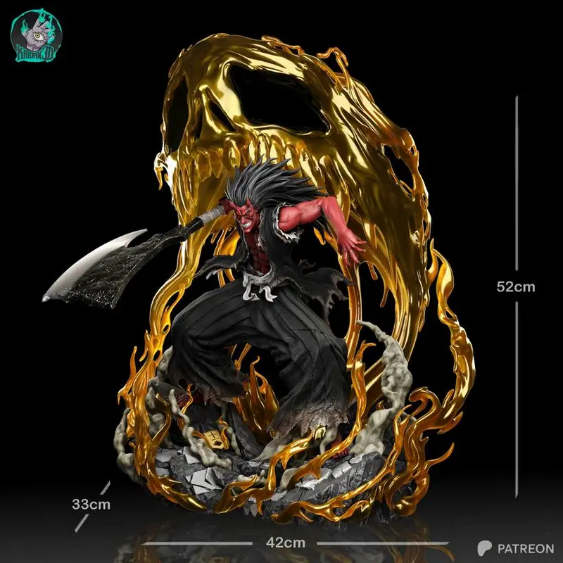 Kenpachi Zaraki Bleach 3D statue with oversized sword, spiked hair, gold flame backdrop, and rocky base