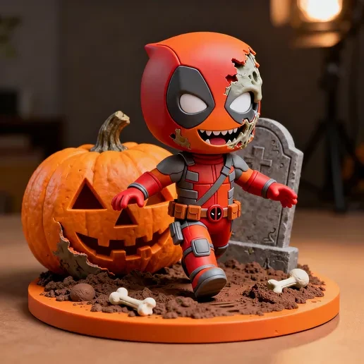 Zombie Deadpool chibi figurine with a pumpkin, gravestone, and bones