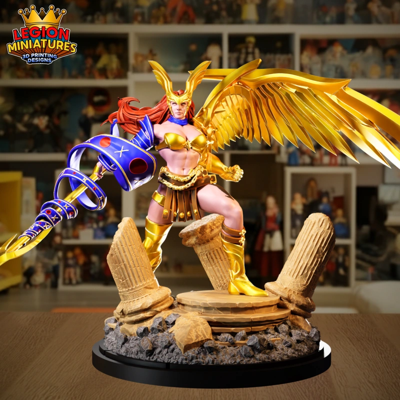Angela Marvel character statue with golden wings, armor, and a rocky pedestal