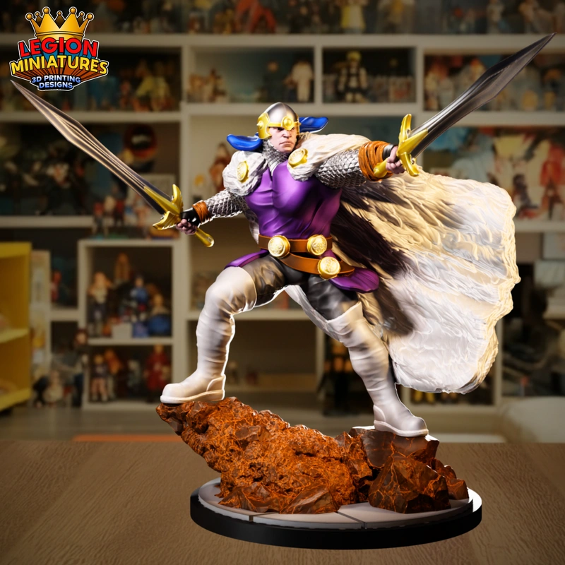 Balder from God of War posed with twin swords, armor, flowing cape and rocky base