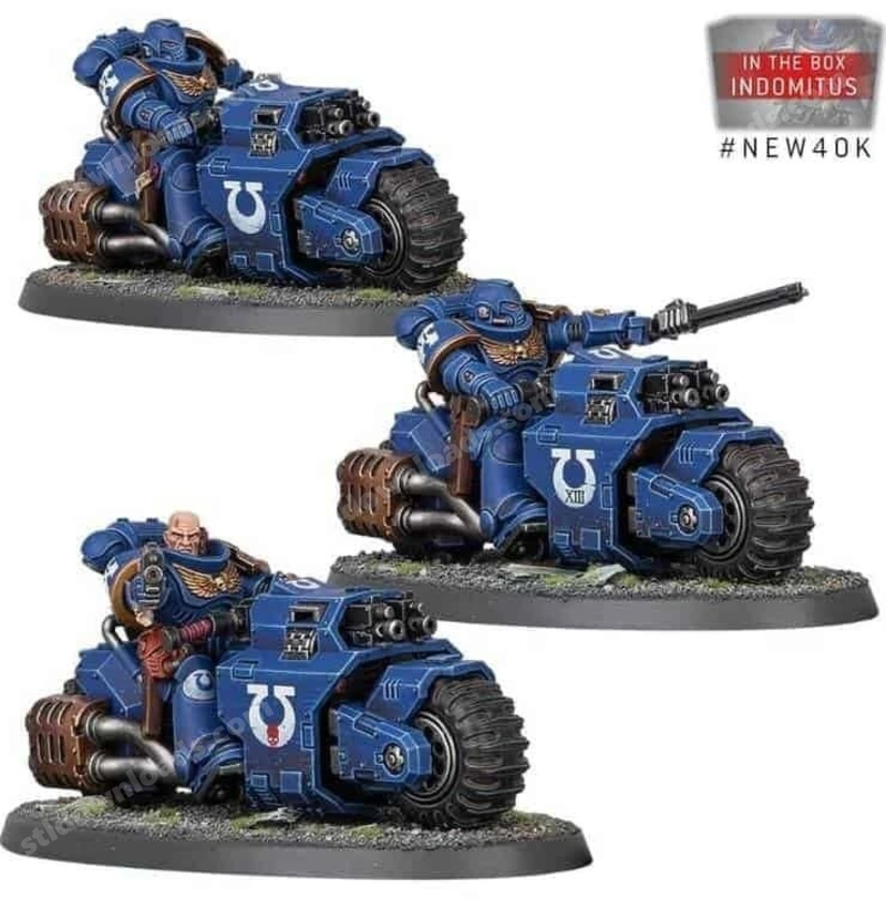 Three blue armored sci-fi riders on gun-equipped miniature vehicles