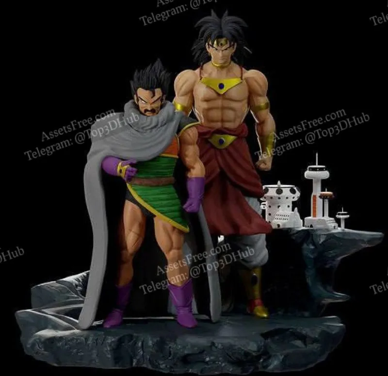Broly and Paragus Dragon Ball statue on a rocky display base