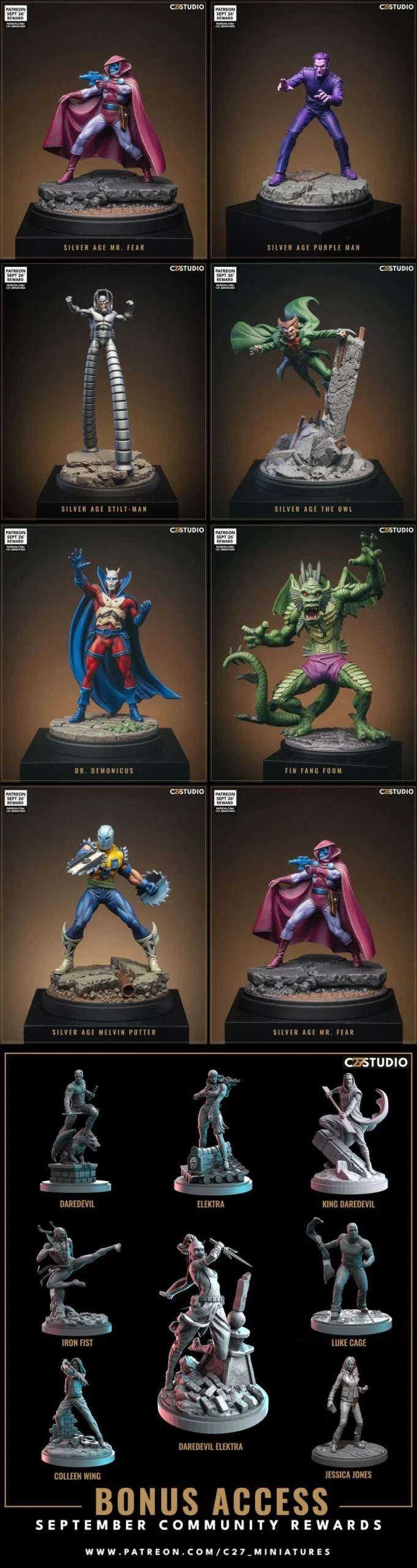 Silver Age-inspired character figures and creatures displayed on sculpted bases