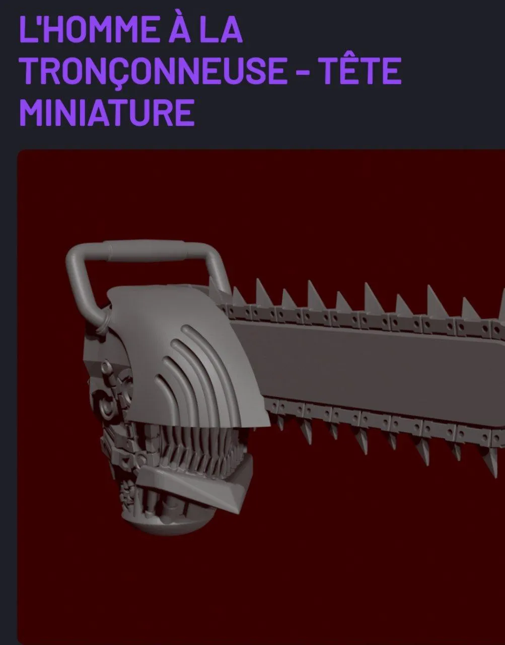 Chainsaw Man miniature head with a long toothed chainsaw blade