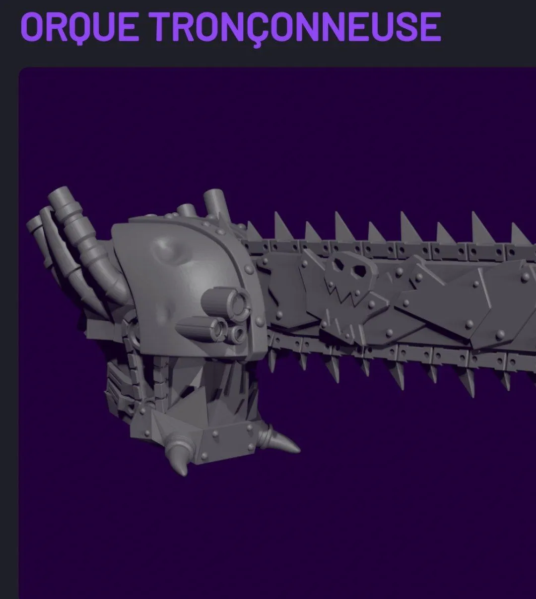 Warhammer 40,000 Ork chainsaw STL model with armor, spikes, rivets, and toothed chain