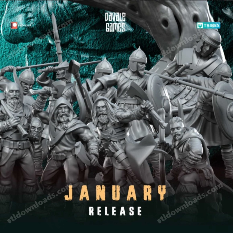 Fantasy tabletop warrior miniatures with beards, armor, axes, swords and shields