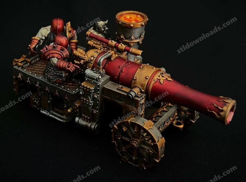 Armored fantasy dwarf beside a red lava cannon with gears, pipes, and spiked wheels