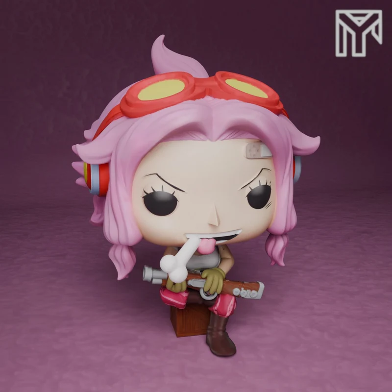 Chibi Ginny from One Piece with pink hair, red goggles, and a rifle