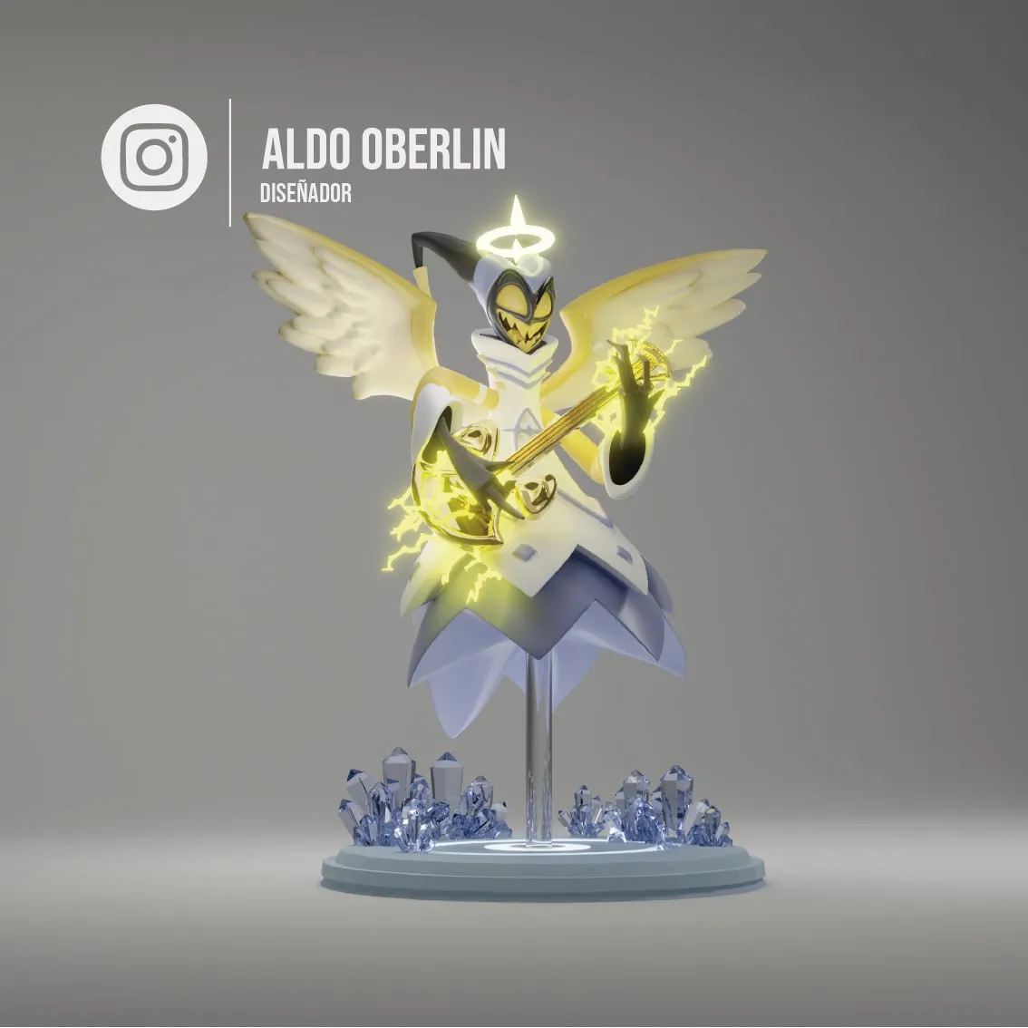 Adam from Hazbin Hotel with wings, halo, guitar, lightning, and crystal base
