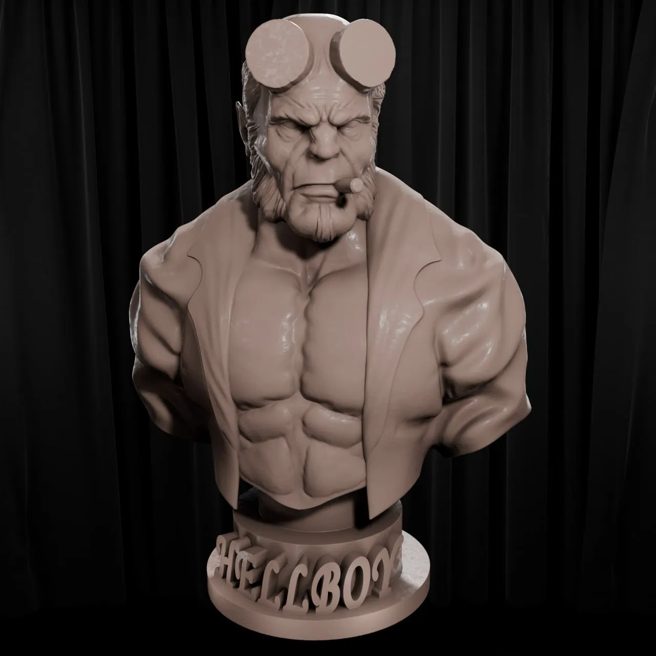 Hellboy bust with filed horns, cigar, trench coat, and labeled display base
