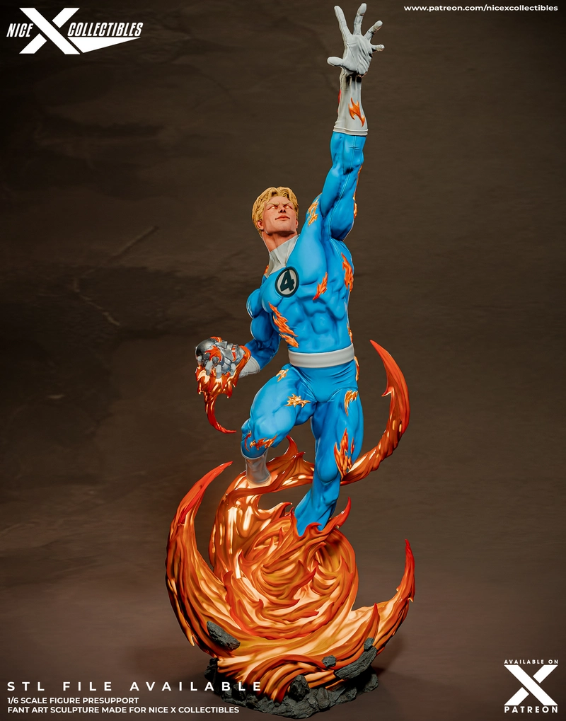 Human Torch Marvel figure in a blue Fantastic Four suit surrounded by flames