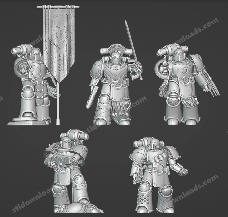 Iron Warriors Mk III Legionnaire miniatures in detailed power armor with weapons and a banner
