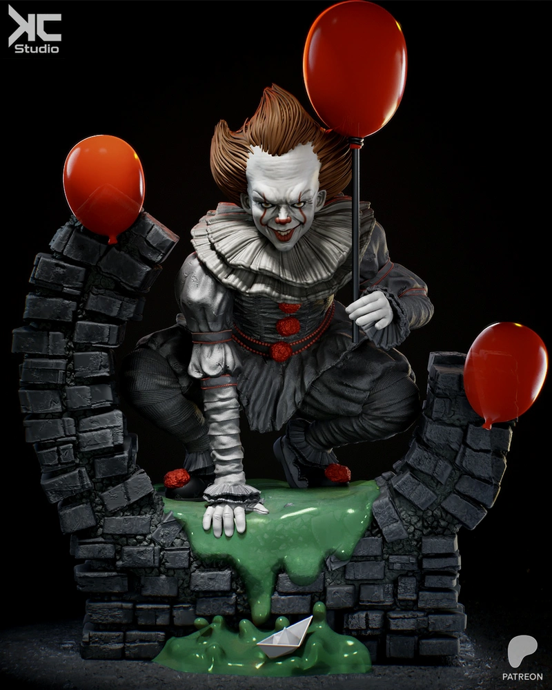 Pennywise crouching with red balloons, brick walls, green slime, and a paper boat