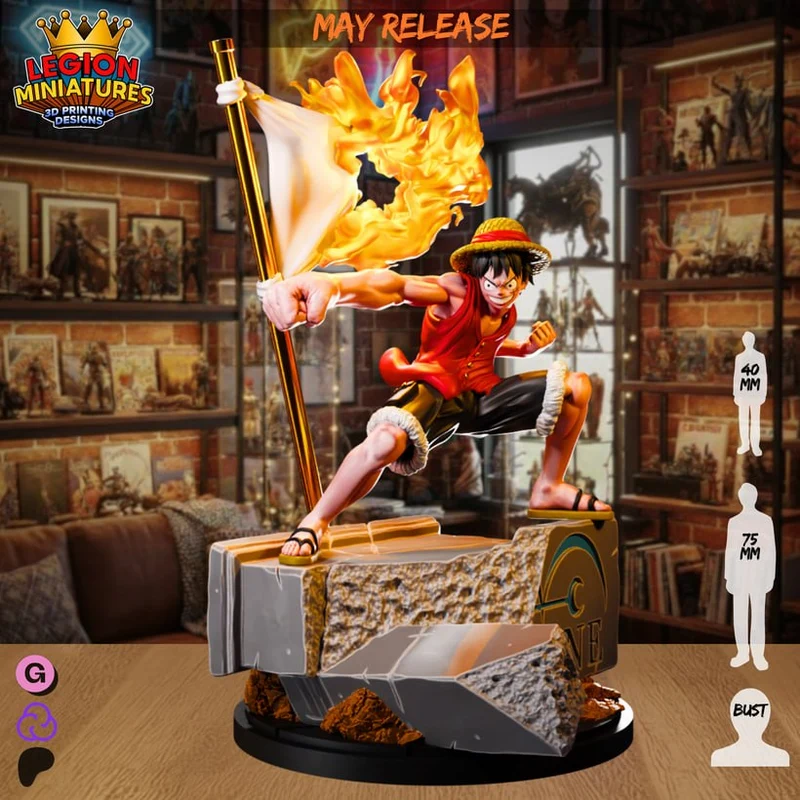 Monkey D. Luffy One Piece statue with a flaming flag and display base