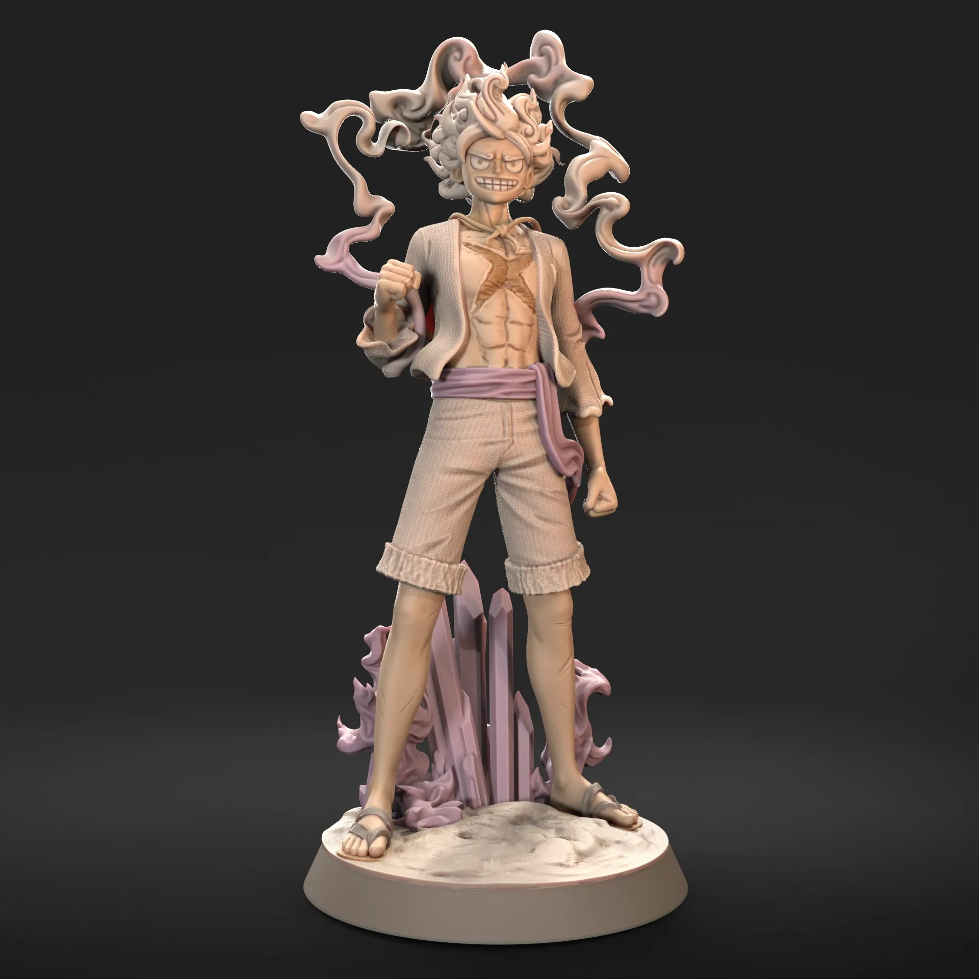 Monkey D. Luffy One Piece character statue with flowing hair on a display base
