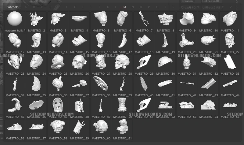 Maestro Marvel character model parts with Hulk-like anatomy, armor, heads, fists, and accessories