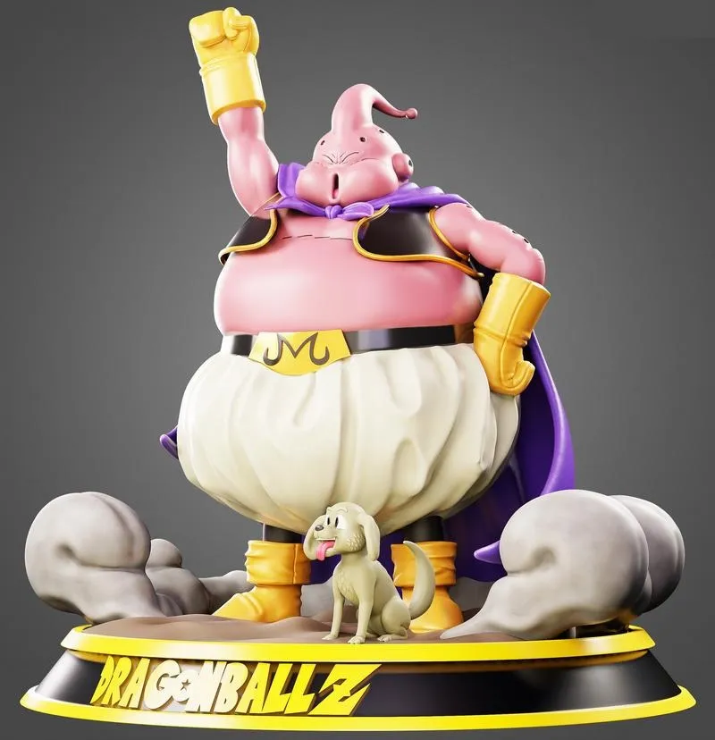 Majin Buu Dragon Ball 3D printed statue with raised fist and companion dog